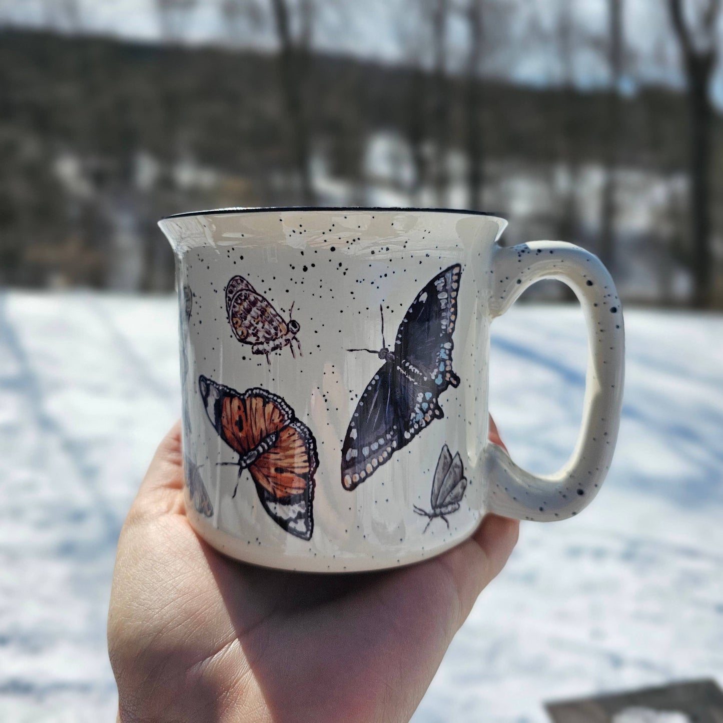 Butterfly and Moth Lover Mug: Cream Speckled Mug