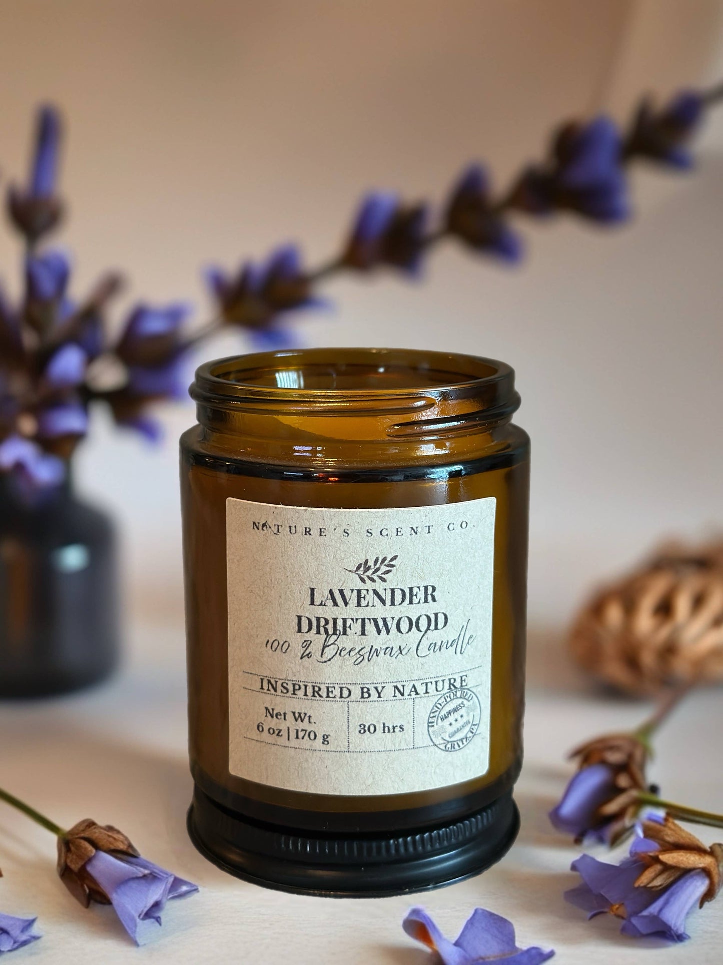 Lavender Driftwood Beeswax Woodwick Candle: 8 oz. (40 hr burn time)