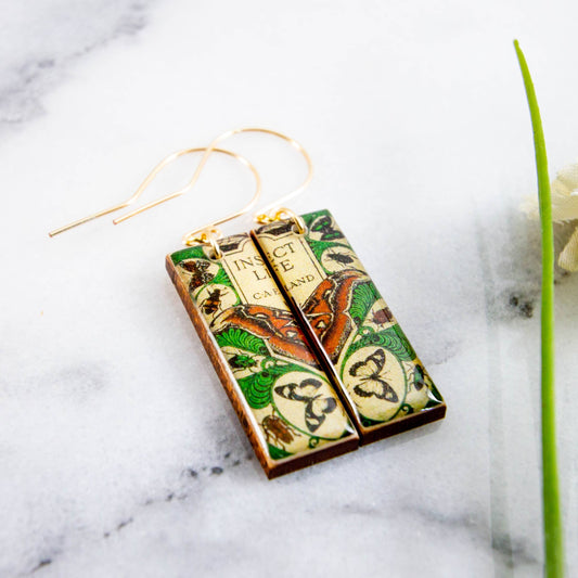 Vintage Book Cover Insect Life Moth Rectangle Earrings