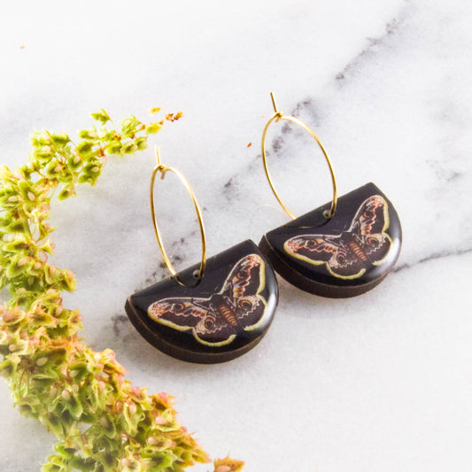 Peacock Moth Drop Hoop Earrings