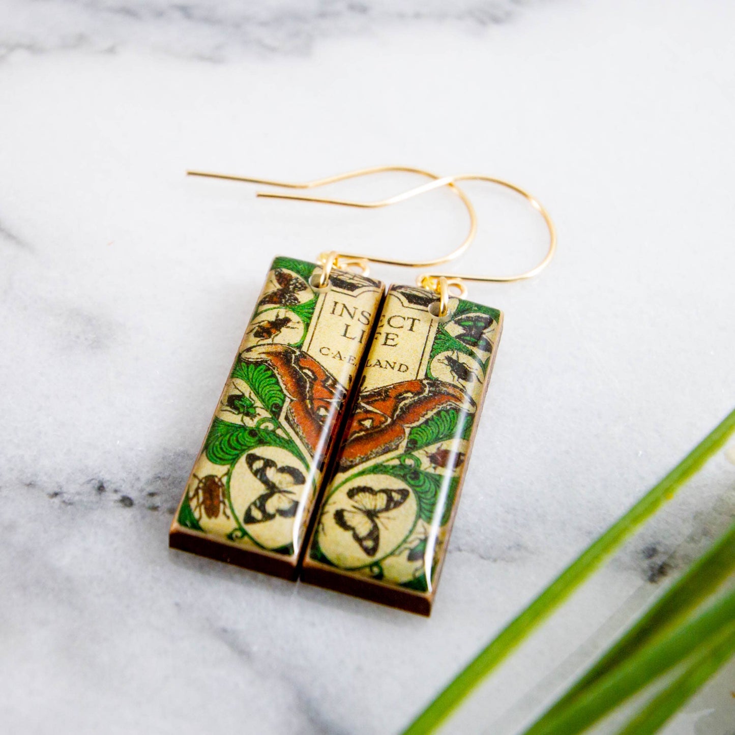 Vintage Book Cover Insect Life Moth Rectangle Earrings