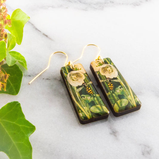 Hellebore + Bee Tapered Rectangle Earrings