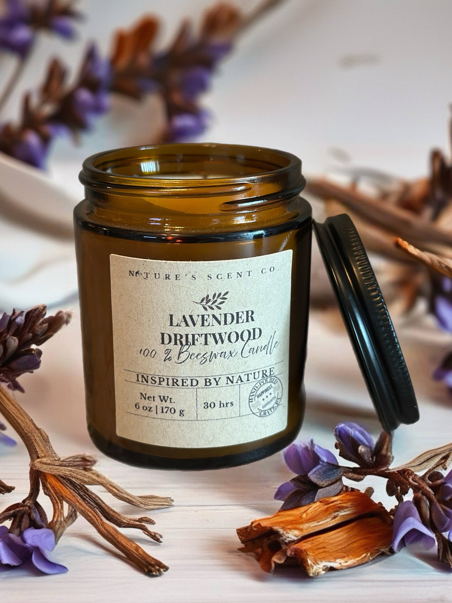Lavender Driftwood Beeswax Woodwick Candle: 8 oz. (40 hr burn time)