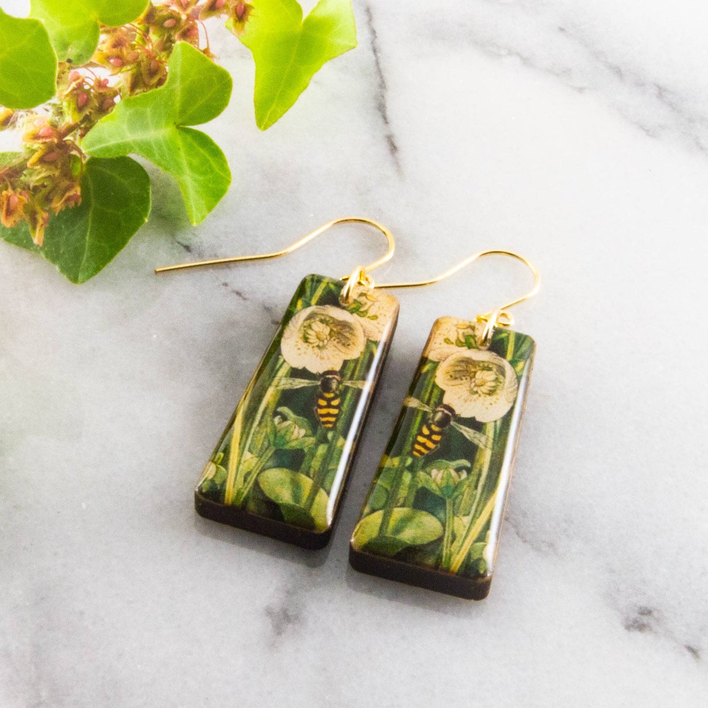 Hellebore + Bee Tapered Rectangle Earrings